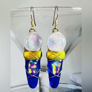 1980s Dichroic glass dangle artisan crafted earrings (ice cream cones?)